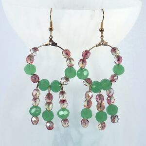 Handmade Dangle Earrings With Hoops and Green Glass Beads and Rose Crystal Beads